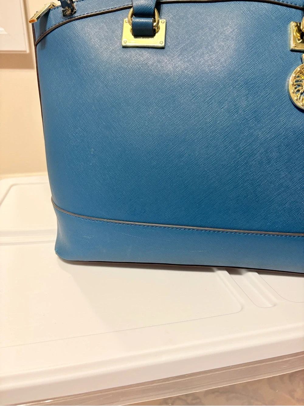 Anne Klein Blue New Recruits Structured Dome Tote Satchel with Gold Medallion